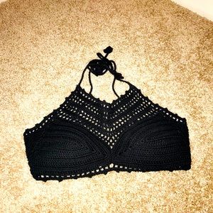 Black Crochet Halter Bikini Top